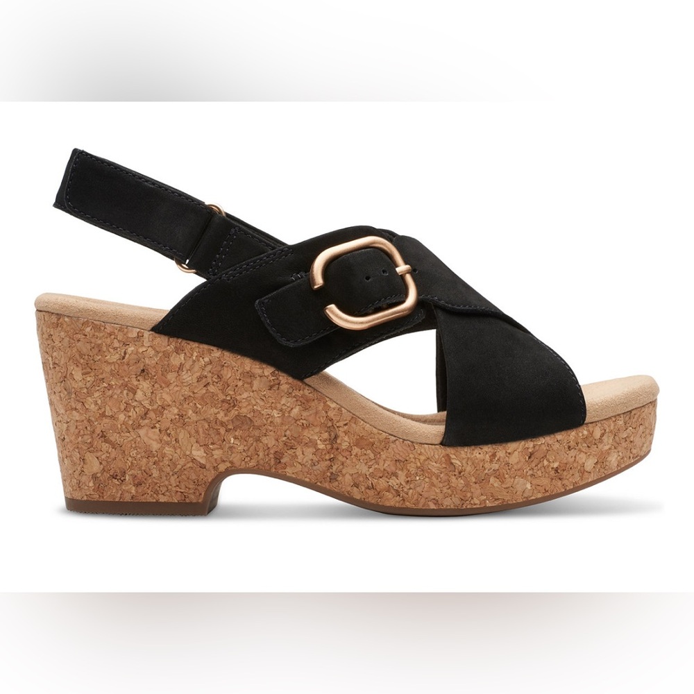 Clark’s Giselle Dove Sandals Black Cork Wedge Sandals Size 7 1/2